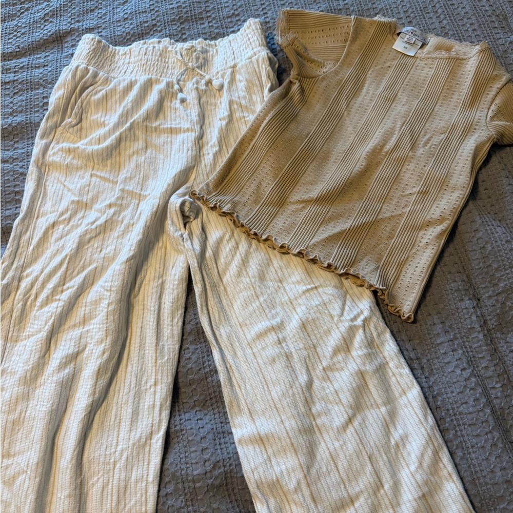 Girls Poof! Beige Textured Knit Top and striped pants
